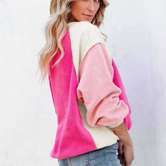 Rose Colorblock Long Sleeve Pullover Fleece Sweatshirt - Picture 5 of 16